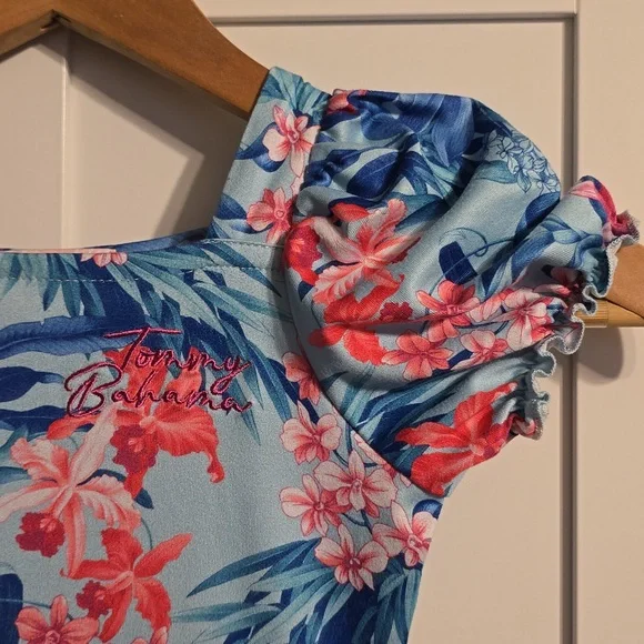 Tommy Bahama Dress Girls 4T Toddler Blue Multi Tiered Puff Sleeve Logo Tropical - Picture 4 of 9